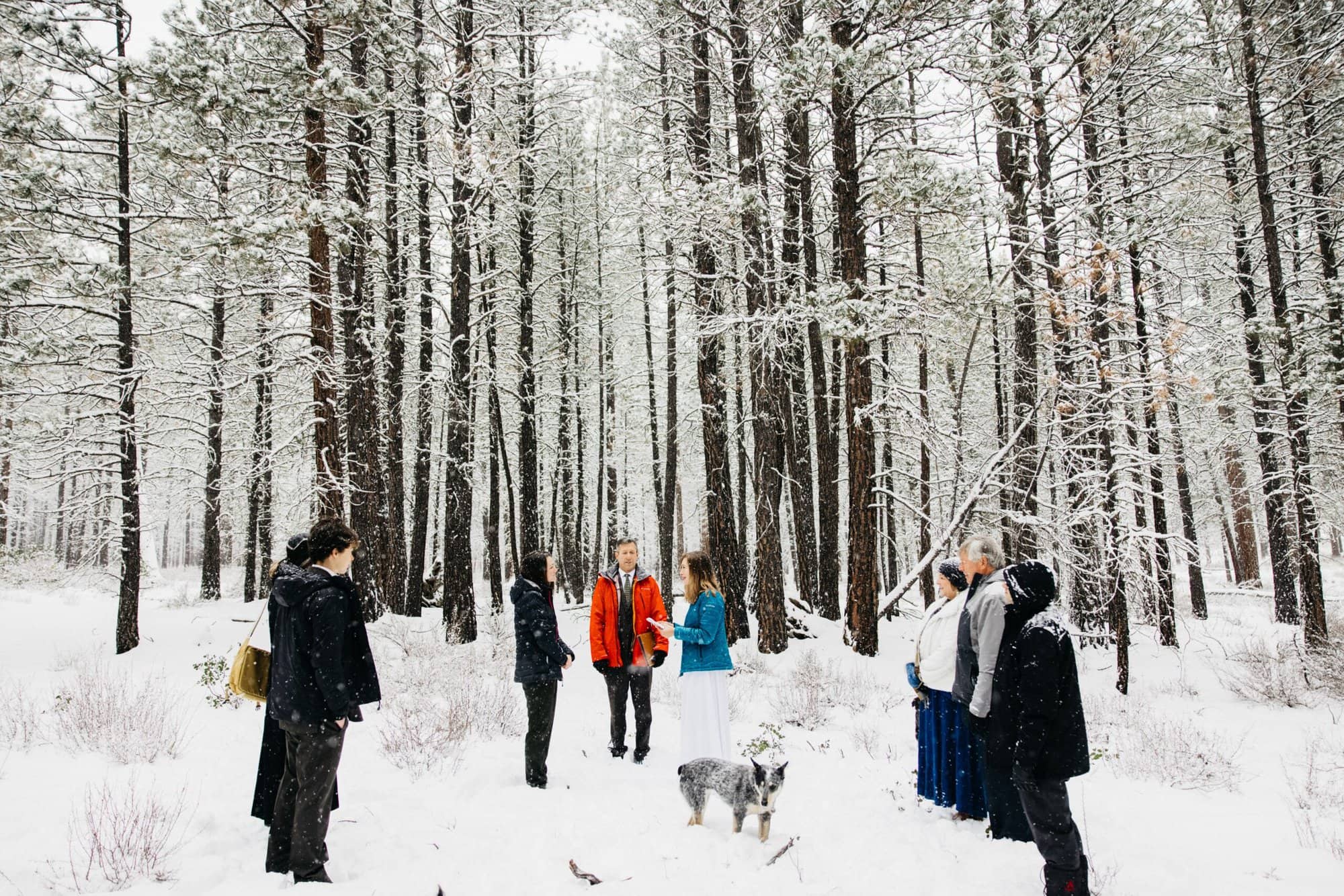 Winter wedding sisters Oregon in the woods
